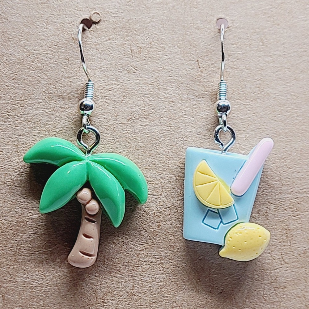Tropical Palm Tree and Citrus Drink Mismatched Resin Dangle Earrings Silver Tone
